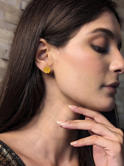 Golden Enamel Flower Studs in 925 Silver